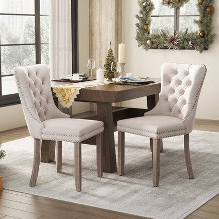 2x Velvet Dining Chairs Upholstered Tufted Kithcen Chair with Solid Wood Legs Stud Trim and Ring-Beige dining KingsWarehouse 
