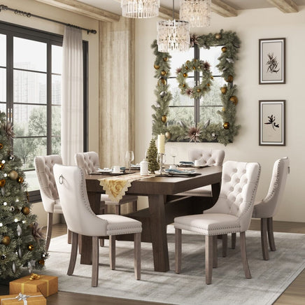 2x Velvet Dining Chairs Upholstered Tufted Kithcen Chair with Solid Wood Legs Stud Trim and Ring-Beige dining KingsWarehouse 