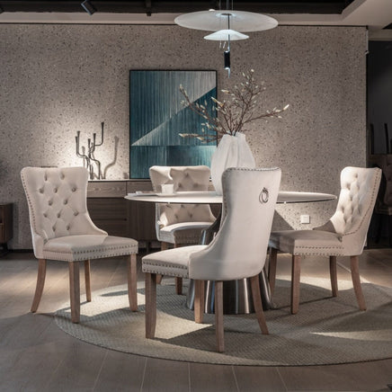 2x Velvet Dining Chairs Upholstered Tufted Kithcen Chair with Solid Wood Legs Stud Trim and Ring-Beige dining KingsWarehouse 