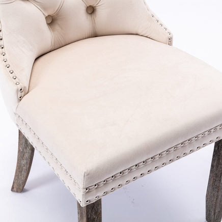 2x Velvet Dining Chairs Upholstered Tufted Kithcen Chair with Solid Wood Legs Stud Trim and Ring-Beige dining KingsWarehouse 