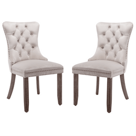 2x Velvet Dining Chairs Upholstered Tufted Kithcen Chair with Solid Wood Legs Stud Trim and Ring-Beige dining KingsWarehouse 