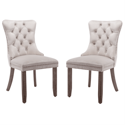 2x Velvet Dining Chairs Upholstered Tufted Kithcen Chair with Solid Wood Legs Stud Trim and Ring-Beige dining KingsWarehouse 