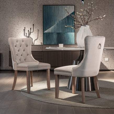 2x Velvet Dining Chairs Upholstered Tufted Kithcen Chair with Solid Wood Legs Stud Trim and Ring-Beige dining KingsWarehouse 