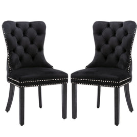 2x Velvet Dining Chairs Upholstered Tufted Kithcen Chair with Solid Wood Legs Stud Trim and Ring-Black dining Kings Warehouse 