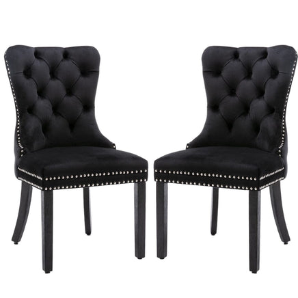 2x Velvet Dining Chairs Upholstered Tufted Kithcen Chair with Solid Wood Legs Stud Trim and Ring-Black dining Kings Warehouse 