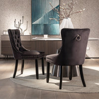 2x Velvet Dining Chairs Upholstered Tufted Kithcen Chair with Solid Wood Legs Stud Trim and Ring-Black dining Kings Warehouse 