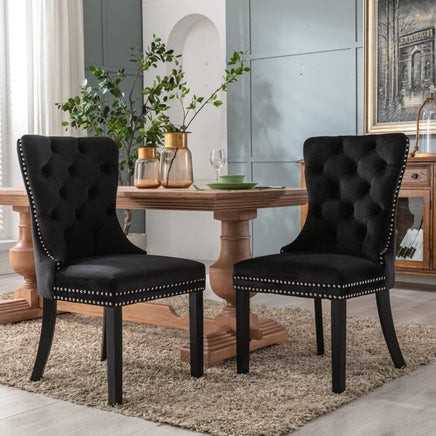 2x Velvet Dining Chairs Upholstered Tufted Kithcen Chair with Solid Wood Legs Stud Trim and Ring-Black dining Kings Warehouse 