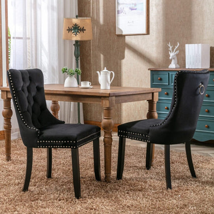 2x Velvet Dining Chairs Upholstered Tufted Kithcen Chair with Solid Wood Legs Stud Trim and Ring-Black dining Kings Warehouse 