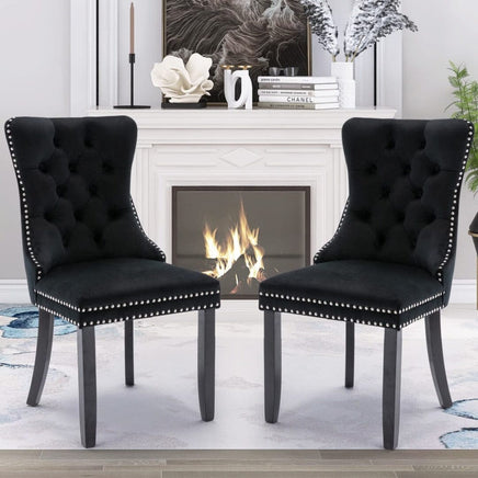 2x Velvet Dining Chairs Upholstered Tufted Kithcen Chair with Solid Wood Legs Stud Trim and Ring-Black dining Kings Warehouse 