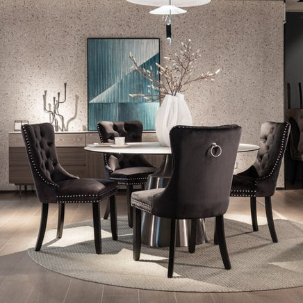 2x Velvet Dining Chairs Upholstered Tufted Kithcen Chair with Solid Wood Legs Stud Trim and Ring-Black dining Kings Warehouse 