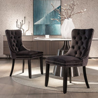 2x Velvet Dining Chairs Upholstered Tufted Kithcen Chair with Solid Wood Legs Stud Trim and Ring-Black dining Kings Warehouse 