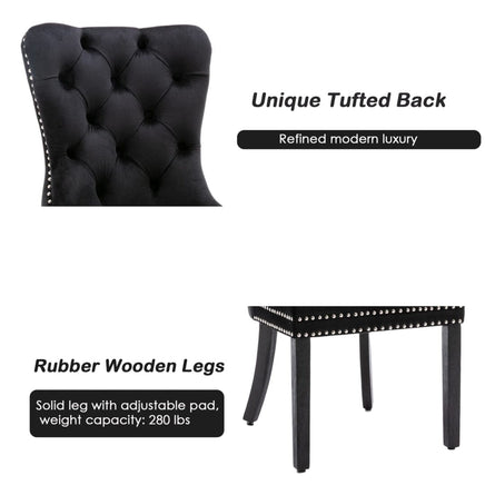 2x Velvet Dining Chairs Upholstered Tufted Kithcen Chair with Solid Wood Legs Stud Trim and Ring-Black dining Kings Warehouse 