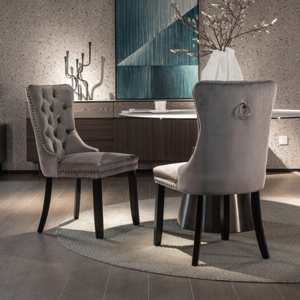 2x Velvet Dining Chairs Upholstered Tufted Kithcen Chair with Solid Wood Legs Stud Trim and Ring-Gray dining Kings Warehouse 