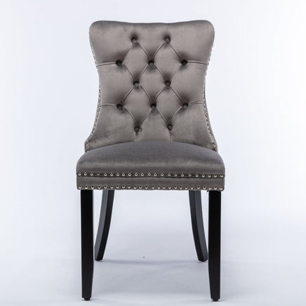 2x Velvet Dining Chairs Upholstered Tufted Kithcen Chair with Solid Wood Legs Stud Trim and Ring-Gray dining Kings Warehouse 