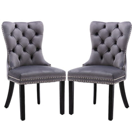2x Velvet Dining Chairs Upholstered Tufted Kithcen Chair with Solid Wood Legs Stud Trim and Ring-Gray dining Kings Warehouse 