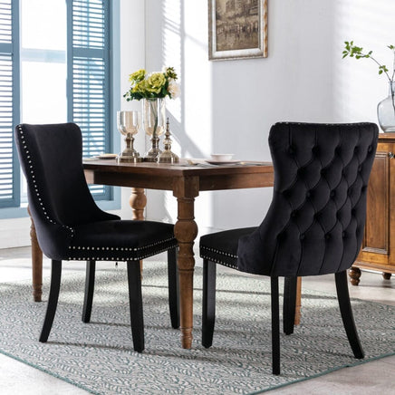 2x Velvet Upholstered Dining Chairs Tufted Wingback Side Chair with Studs Trim Solid Wood Legs for Kitchen dining Kings Warehouse 