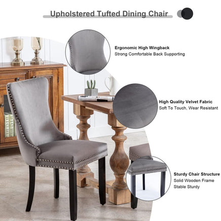 2x Velvet Upholstered Dining Chairs Tufted Wingback Side Chair with Studs Trim Solid Wood Legs for Kitchen Kings Warehouse 