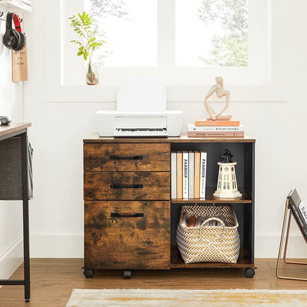 3-Drawer File Cabinet with Open Compartments for A4 Rustic Brown and Black Kings Warehouse 