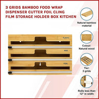 3 Grids Bamboo Food Wrap Dispenser Cutter Foil Cling Film Storage Holder Box Kitchen Kings Warehouse 
