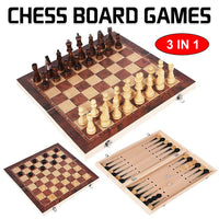 3 IN 1 Wooden Chess Set Folding Chessboard Wood Pieces Draughts Backgammon Toy Kings Warehouse 