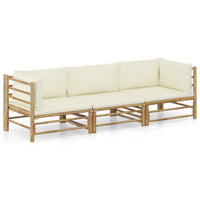 3 Piece Garden Lounge Set with Cream White Cushions Bamboo Outdoor Furniture Kings Warehouse 