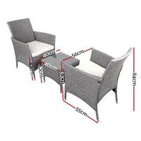 3 Piece Wicker Outdoor Chair Side Table Furniture Set - Grey Outdoor Furniture Kings Warehouse 