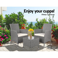 3 Piece Wicker Outdoor Chair Side Table Furniture Set - Grey Outdoor Furniture Kings Warehouse 