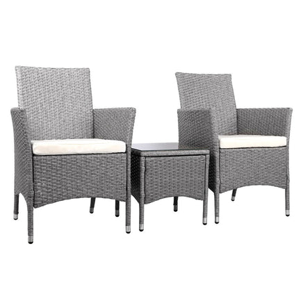 3 Piece Wicker Outdoor Chair Side Table Furniture Set - Grey Outdoor Furniture Kings Warehouse 