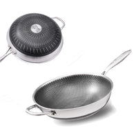 304 Stainless Steel 32cm Non-Stick Stir Fry Cooking Kitchen Wok Pan with Lid Honeycomb Double Sided Kings Warehouse 