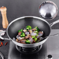 304 Stainless Steel 34cm Non-Stick Stir Fry Cooking Kitchen Wok Pan with Lid Honeycomb Single Sided Kings Warehouse 