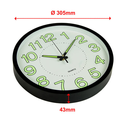 305mm Luminous Wall Clock Glow In The Dark Silent Quartz Indoor Home Modern Clock living room KingsWarehouse 