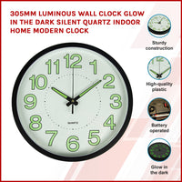 305mm Luminous Wall Clock Glow In The Dark Silent Quartz Indoor Home Modern Clock living room KingsWarehouse 