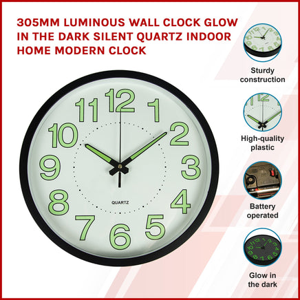 305mm Luminous Wall Clock Glow In The Dark Silent Quartz Indoor Home Modern Clock living room KingsWarehouse 
