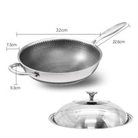 32cm 316 Stainless Steel Non-Stick Stir Fry Cooking Kitchen Wok Pan with Lid Honeycomb Double Sided Kings Warehouse 