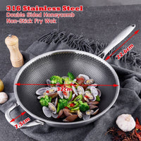 32cm 316 Stainless Steel Non-Stick Stir Fry Cooking Kitchen Wok Pan with Lid Honeycomb Double Sided Kings Warehouse 