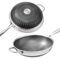 34cm 316 Stainless Steel Non-Stick Stir Fry Cooking Kitchen Wok Pan with Lid Honeycomb Double Sided Kings Warehouse 
