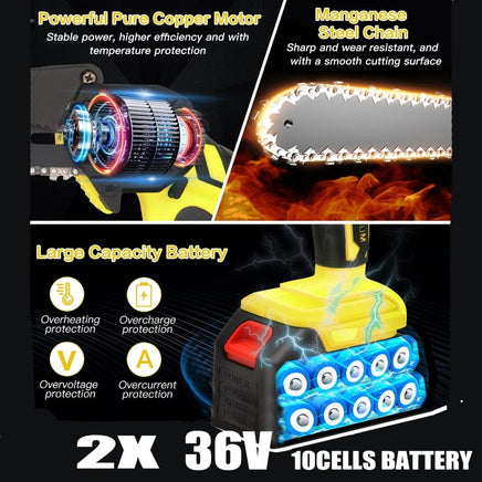 36V 8" Mini Cordless Electric Chainsaw 2XBattery 36V Wood Cutter Rechargeable Kings Warehouse 
