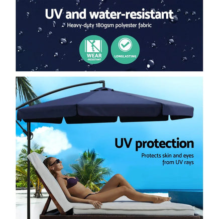 3M Umbrella with 48x48cm Base Outdoor Umbrellas Cantilever Sun Beach UV Navy Kings Warehouse 