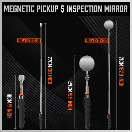 3Pc Magnetic Pick Up Tool Swivel Inspection Mirror Flexible Telescope LED Light Kings Warehouse 