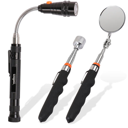3Pc Magnetic Pick Up Tool Swivel Inspection Mirror Flexible Telescope LED Light Kings Warehouse 