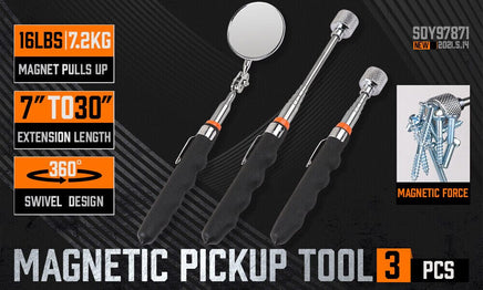 3Pc Magnetic Pick Up Tool & Swivel Inspection Mirror Telescoping Rod Heavy Duty Kings Warehouse 