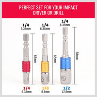 3Pc Socket Bit Adaptor Set Drill Nut Driver Power Extension Bars 1/4" 3/8" 1/2" Kings Warehouse 
