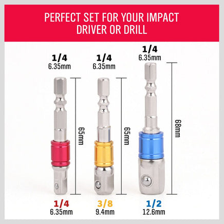 3Pc Socket Bit Adaptor Set Drill Nut Driver Power Extension Bars 1/4" 3/8" 1/2" Kings Warehouse 