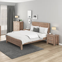4 Pieces Bedroom Suite in Solid Wood Veneered Acacia Construction Timber Slat Double Size Oak Colour Bed, Bedside Table & Tallboy Bedroom Furniture Kings Warehouse 