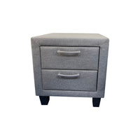 4 Pieces Storage Bedroom Suite Upholstery Fabric in Light Grey with Base Drawers Queen Size Oak Colour Bed, Bedside Table & Tallboy Bedroom Furniture Kings Warehouse 