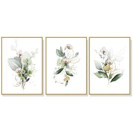 40cmx60cm Green and Gold Watercolor Botanical 3 Sets Gold Frame Canvas Wall Art Kings Warehouse 