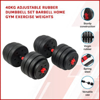 40kg Adjustable Rubber Dumbbell Set Barbell Home GYM Exercise Weights Kings Warehouse 