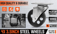 4Pc 3.5'' Heavy Duty Steel Castor Wheel Swivel Caster 500KG/EA Loading Capacity Kings Warehouse 