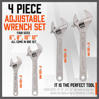 4Pc Adjustable Wrench Set Heavy Duty Shifter Spanner Wide Open Jaw 6"/8"/10"/12" Kings Warehouse 