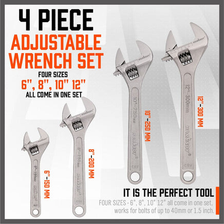 4Pc Adjustable Wrench Set Heavy Duty Shifter Spanner Wide Open Jaw 6"/8"/10"/12" Kings Warehouse 